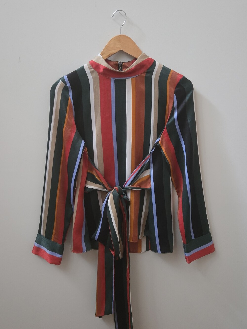 Zara Mock Neck Zip Up Striped Blouse Size Small Self Tie
